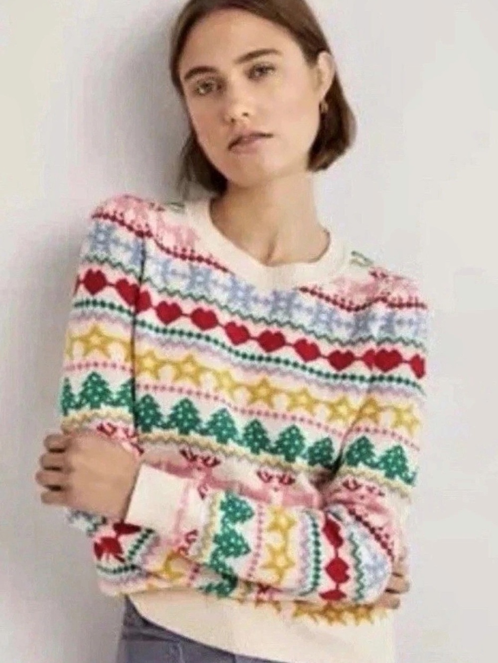 Rare Boden Fair Isle Crewneck Sweater in White & Pink Size Medium